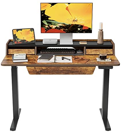 FEZIBO Standing Desk with 3 Drawers Storage Shelf, 120 * 60cm, Splice Board, Black Frame/Rustic Brown Top