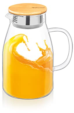 Wilmax - Caraffa in vetro con coperchio in bambù - 1900 ml - per bevande calde o fredde, tè, succhi, latte - Caraffa in vetro borosilicato