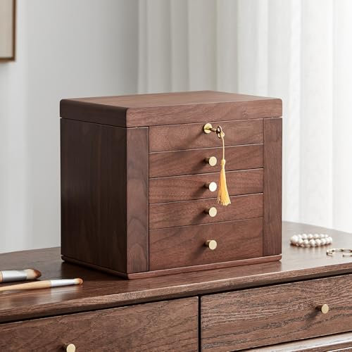 Homruilink Coffret à bijoux en noyer noir, organisateur de bijoux en bois avec 2 portes latérales, miroir et serrure, classique, pour colliers, bagues, Idée cadeau de Noël - 5 niveaux