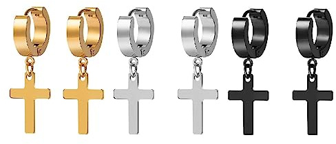 3 Paare Unisex Creolen, Edelstahl Klassisches Kreuz Ohrringe Ohrstecker Ohrhänger Ohr-Piercing für Herren Damen