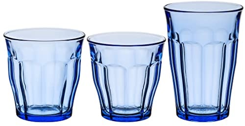 Duralex Made In France Picardie Service à boire 18 pièces en verre Bleu marine L'ensemble comprend : (6 pièces) gobelets de 22,5 ml ; (6 pièces) gobelets de 31,5 ml ; (6 pièces)