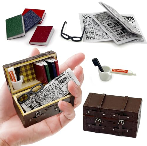 BHGWR Accessori per casa delle bambole in miniatura 1/12, 1:12, set di accessori in miniatura, valigetta in miniatura, mini spazzolino da dentifricio, tazza, fotocamera, libri, giornale, 11 pezzi,