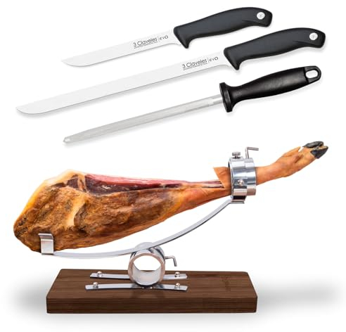 PracticDomus Soporte Jamonero Profesional Basculante y Cabezal Giratorio de Acero con Cuchillos y Chaira (3C Premium)