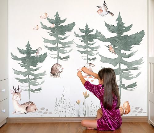 Decords Wandaufkleber für Kinderzimmer, Waldtiere und Bäume, Waldaufkleber mit Aquarell-Baum, groß