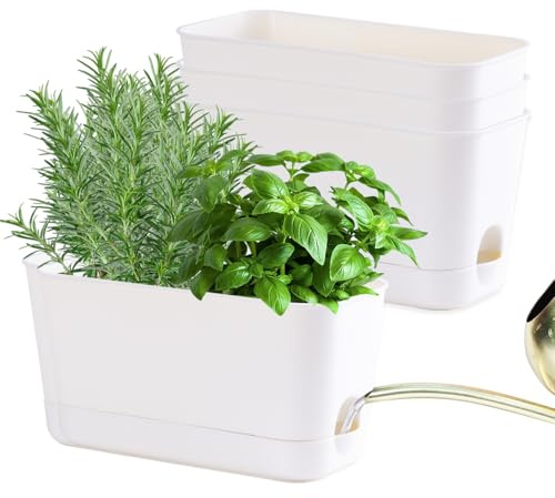 Oliz Herb Garden Planter Kit Self Watering Pots for Indoor/Outdoor Plants 4 Packs Windowsill Plant Pots with Drainage and Tray, Window Pot