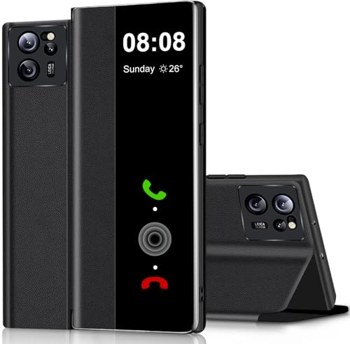 Handyhülle für Xiaomi 13T / 13T Pro Hülle Clear View, für Xiaomi 13T Hülle mit Ständer Klappbar Touchscreen View Flip Extra-Dünn Leder Schutzhülle Case Cover, für Xiaomi 13T Pro Hülle Clear S View