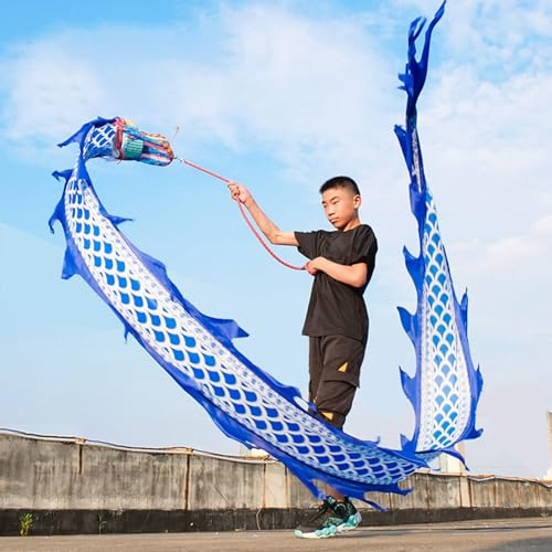 EXCLURA Jongliertücher Blau-weißer Drachen-Poi für Kinder, 2m/ 3.0m/ 5m Jonglierdrachenspielzeug mit Schuppen, Drachen-Poi-Band mit Kopf & Seil & Reisetasche(Size:3.0 m (9.8 ft))