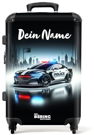 NoBoringSuitcases.com Kinderkoffer Jungen, Koffer Personalisiert, Koffer Groß, Koffer Kinder, TSA Schloss, Koffer Schwarz, Reisekoffer Groß, Koffer Mittelgroß (Polizeiauto - Schwarz, 67 cm - 72 L)