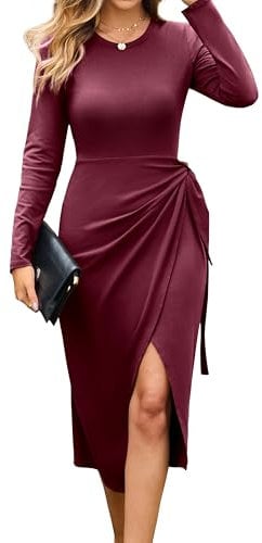 GRACE KARIN Women's Elegant Bodycon Round Neck Warm Cocktail Long Sleeves Wrap Business Party Dress - Autumn Winter Midi L Wine Red