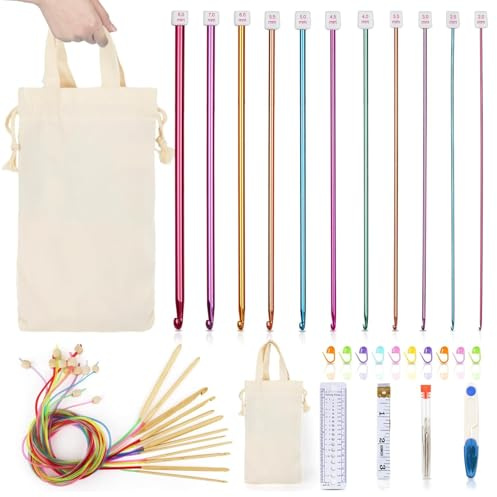 Reessy 37 Pcs Tunisian Crochet Hooks Set, Tunisian Crochet Hook with Cable | 2-8mm Metal Crochet Hook and 3-10mm Wooden Afghan Tunisian Crochet Hook with Cable for Blankets Afghan Knitting with Bag