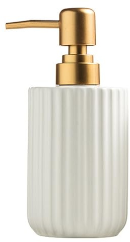 Chic Cylinder-Shaped Soap Dispenser, Vertical Stripe Design with Gold Pump, Ceramic Lotion Dispenser(White)