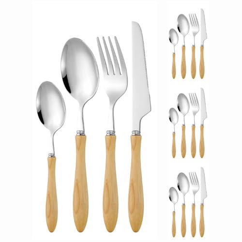 Solid Ash Wood Handle Kitchen Stainless Steel Silverware Tableware Flatware Cutlery Set Steak Knife Fork Spoon Teaspoon (Gourd handle,16 pieces)