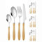 Solid Ash Wood Handle Kitchen Stainless Steel Silverware Tableware Flatware Cutlery Set Steak Knife Fork Spoon Teaspoon (Gourd handle,16 pieces)