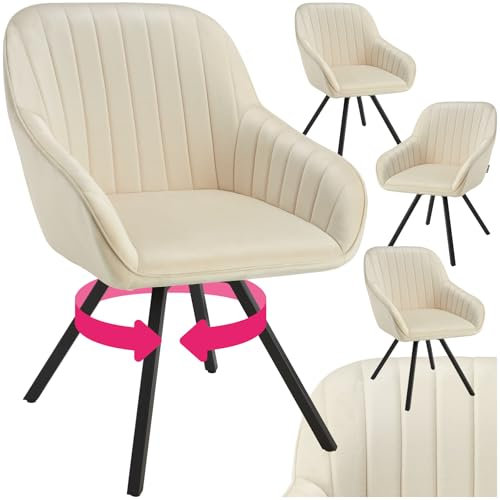tectake® drehbare Esszimmerstühle mit Armlehne, Schalenstuhl ergonomisch mit Samt Bezug, gesteppt, Stühle drehbar für Wohnzimmer, Esstisch, Arbeitszimmer, Schminktisch, Küchenstühle - 4er Set, Creme