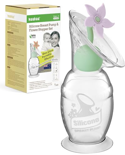haakaa Manual Breast Pump with Flower Stopper Set, Gen.2 Silicone Hand Pump with Suction Base, BPA Free (5.4oz/150ml, Lavender)