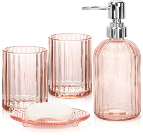Glass Bathroom Accessories Set, 4Pcs Bathroom Accessories Sets Complete Lotion Soap Dispenser, Toothbrush Holder, Mouthwash Cup, Soap Dish for Bath Decor, Countertop Vanity Organizer (Pink)