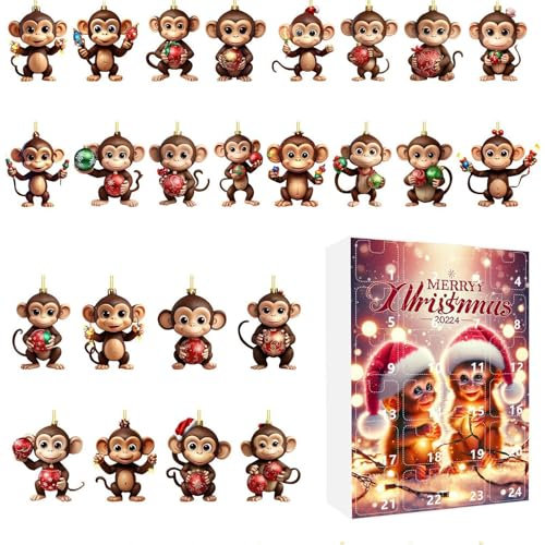 Christmas Monkey Adventskalender 2024 | Affen-Adventskalender | 4 Tage Urlaub Affe Set Countdown Kalender | 2D Acryl Affe Weihnachtsbaum Anhänger Für Partygeschenke