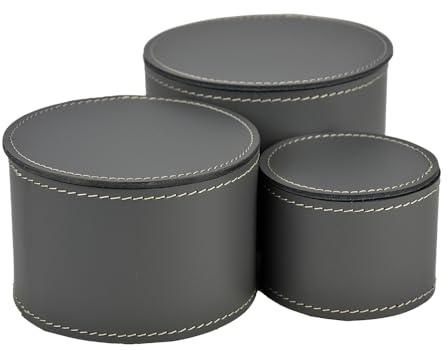 LIMAC Design CAPRI Leder 3er Set Dekoboxen, Design Taschenleerer rund, Aufbewahrungsboxen mit Deckel, Modern Deko-Schachteln, Luxuriöse Deschenkidee, Made in Italy. (Grau)