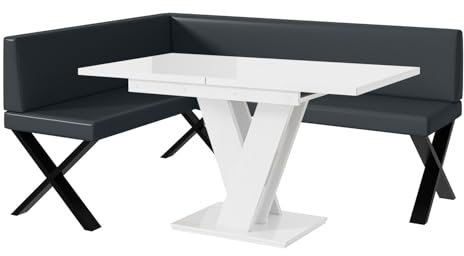 MEBLINI Eckbank für Esszimmer mit ausziehbarem Tisch - Küchenbank - Essecke - Sitzecke Küche - Toni - X-Beine 128x168x87cm Links - Dunkelgrau Kunstleder/M Weiß Hochgl.