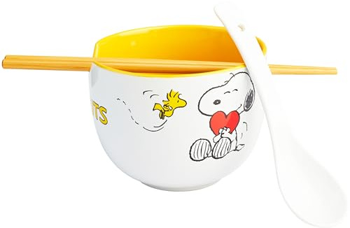 Get Trend Peanuts Snoopy Bol Ramen 600ml con Palillos y Cuchara, Juego 3 Piezas Cuencos Ceramica Japonés para Sopa Fideos Noodles, Regalos Hogar (Multi Peanuts Snoopy)