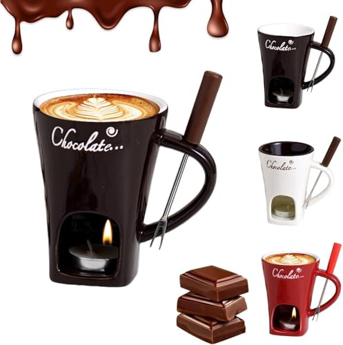 Tea Light Chocolate Fondue Mug, Personal Fondue Mugs, Ceramic Chocolate Melting Mugs, Ceramic Fondue Warmer for Chocolate, Cheese, Candy, Chocolate Melter Cup with Forks and Tealights (200 Ml)