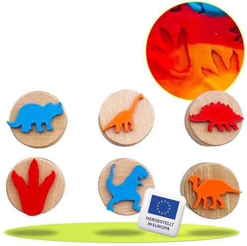 ChildGen Holzstempel, Dinosaurier- Set, 6X Stempel, 100% natürlichem Holzmaterial, Geschenkidee für Kinder, Knetwerkzeug, Knete Zubehör, Knetzubehör, Kinderspielzeug, Spielzeug