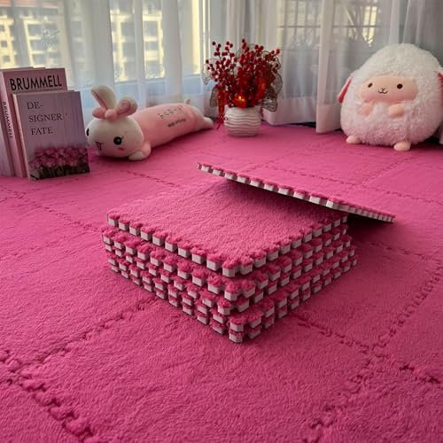 12 Stück Ineinandergreifende Plüsch-Schaumstoffmatte, 30 x 30cm Wohnzimmer-Schlafzimmer-Teppichfliesen, Zusammensteckbare Schaumstoff-Bodenfliesen Für Spielz (Rosa, 30cm*30cm*1.25cm)