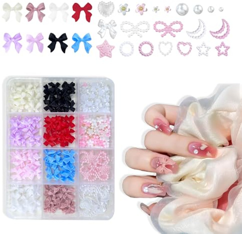 REMMUSSS Art Nail Charms, 12 Grids Colorful Butterfly Heart Pentagram Pearl Charms Nail Art Charms, 3D Multi Shapes Nail Charms, Resin Bow Charms, Nail Art Decoration, Decoration for Women Manicure