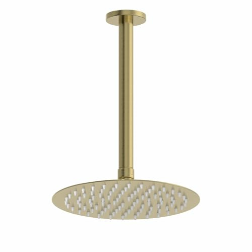 Architeckt® Modern Bathroom Rainfall Drencher Shower Head, Ceiling Mounted Arm, Large Round Stainless Steel Adjustable, Rub Clean Nozzles, Brushed Brass