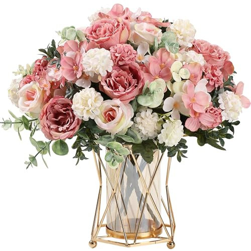 HNVNER 4 Mazzi Fiorellini Finti per Decorazioni, Fiori Finti per Cimitero in Seta, Mazzo di Rose Ortensie Artificiali Realistici per Bouquet Sposa, Partito Casa Decorazioni Floreali (Rosa)