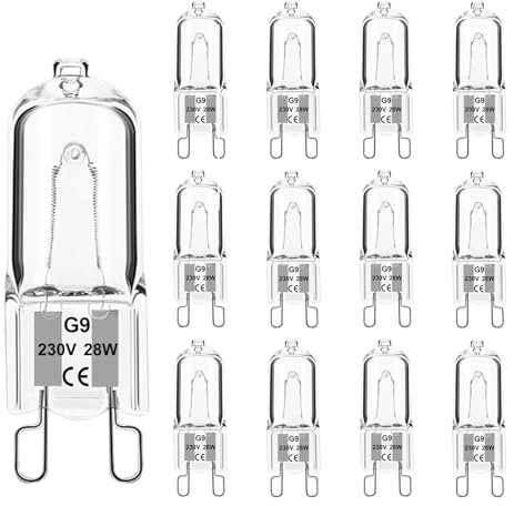 G9 Halogen Leuchtmittel 12 Stück, Halogenlampe 28 Watt 230V Warmweiß 2700K, Halogen G9 28W Kapsel Glühbirne Dimmbar für Deckenleuchten, Kristall Lampen, Kronleuchter, Öfen, Mikrowelle, Nicht Flimmern