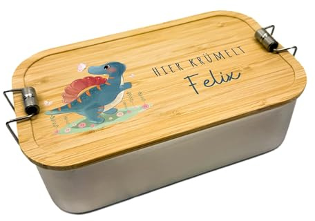 LARIFEE® | Brotdose personalisiert Dino, Lunchbox mit Name, Schulanfang, Kindergarten, Einschulung, nachhaltige Vesperdose für Kinder