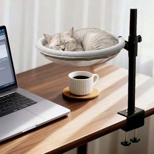 Cioquli Katzenbett Schreibtisch, 360° drehbar & Höhenverstellbar, Max 33lb | Katzenkorb Schreibtisch mit 2 waschbaren Bezügen, Katzen Hängematte für Home, Office, Büroschreibtische, Spieltische-Grau