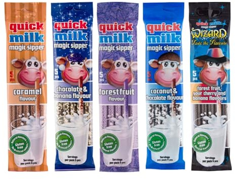 QUICK MILK Magic Sipper Set - Caramel+Coconut&Choco+Forest Fruit+Choco&Banana+Wizard (5 Bags of 5 Milk Drinking Straws) - Dekond