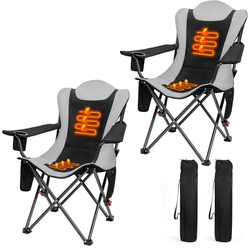 OUTSIDER Heated Camping Chair Heavy Duty 3-Position Folding Camp Chair with 3 Heat Levels,Cup Holder & Side Storage-Outdoor Heating Camping Chair for Adults, Supports 350lbs Battery Not Included(2pcs)