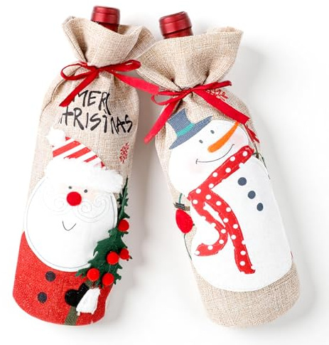 COMNICO 2Pcs Christmas Wine Bottle Bags, Burlap Wine Bottle Covers with Drawstring forWine Bottles Gift Bulk Reusable WineBottle Covers for Christmas Party Decor, Holidays