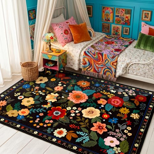 DEFYNEE Rugs Living Room 90x150cm Black, Machine Washable Floral Rug | Non-Slip Soft Low Pile Vintage Floral Carpet with Printed Design for Bedroom, Kitchen, Entryway, Lounge