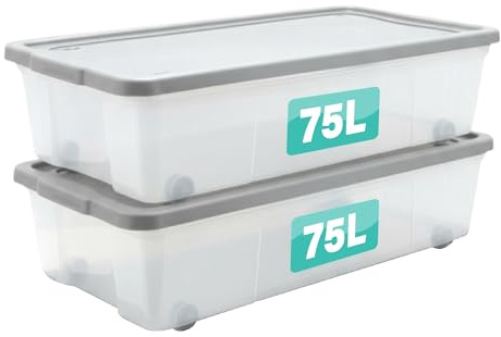 Set Of 2 Plastic Storage Box with Lid & Wheels Stackable Heavy Duty Container for Home, Garage & Office Organisation Boxes Nestable Portable Multipurpose Room Organiser (75 Litre Underbed)