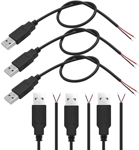 Vmoomax Lot de 6 câbles USB type A Pigtail de 30 cm - Câble d'extension USB 2.0 à 2 fils - 2 extrémités de câble dénudées pour souder et souder - Taux de câble USB 12 V 3 A pour éclairage LED