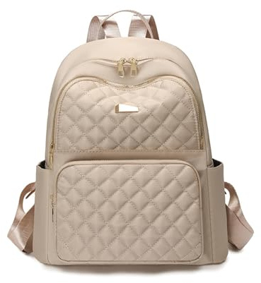 Balakaka Damen Rucksack 2-Wege-Reißverschluss, Nylon wasserdicht Rucksack für Damen mit mehreren Taschen, längenverstellbare Träger Alltagsrucksack für Beruf und Freizeit, Cremefarben