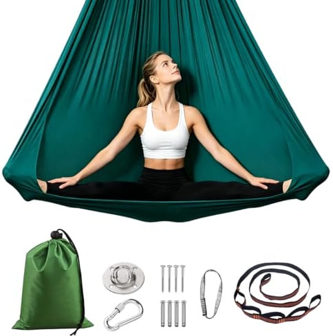 Set Amaca Yoga Aereo, Amaca e Altalena per Yoga Aerea, Amaca Antigravity Altalena Include Cintura di Estensione, Moschettoni, Accessori per Chiodi, Carico 200 kg, per Pilates, Body Stretching (green)