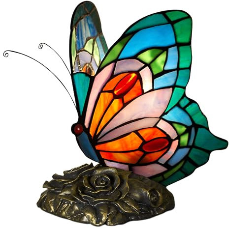 'Papillon' - Lampe de chevet avec paralume en verre soudé façon Tiffany et base en résine effet bronze - Multicolore - H21,5 cm