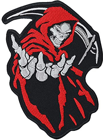 Heavy Metal Aufnäher: Sensenmann - The Reaper Patch Totenkopf Stickerei Death Head - Biker Geschenk Rocker Aufbügler DIY Applikation für Shirt/Jacke/Weste/Kutte - 130x95mm