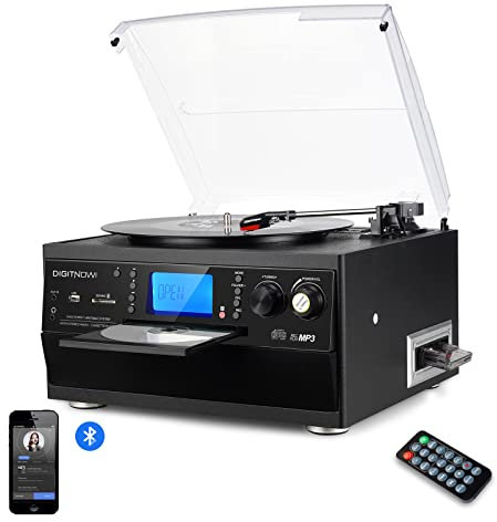 DIGITNOW Giradischi Bluetooth con altoparlante stereo, convertitore da vinile LP a MP3 con CD, cassetta, radio, ingresso AUX e codifica USB/SD, telecomando nero 2