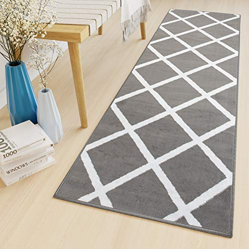 TAPISO Luxury Läufer Teppich Flur Korridor Kurzflor Brücke Designer Grau Weiss Karo Viereck Geometrisch Gitter Muster ÖKOTEX 80 x 200 cm