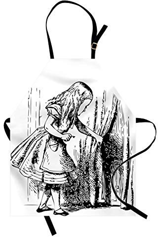 ABAKUHAUS Alice im Wunderland Kochschürze, Fairy Adventure, Unisex-Küchenlätzchen mit verstellbarem Hals für Kochen Gartenarbeit, 67 cm x 80cm, Schwarz-Weiss