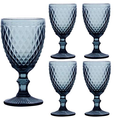 Set of 4 Wine Glasses Blue Diamond Embossed Dishwasher Safe 270ml Wine Glass Goblets