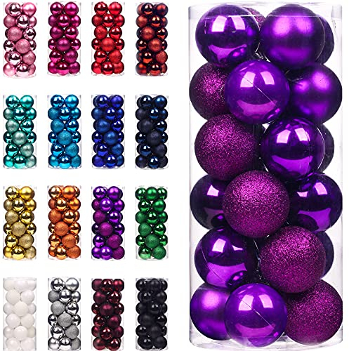 Emopeak Christmas Balls Ornaments 24Pcs, Shatterproof Xmas Balls Baubles Decor or Christmas Tree, Christmas Balls Hanging Holiday Wedding Party Decoration (Purple, 1.57-4CM)