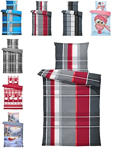 one-home Winter Bettwäsche Thermo Fleece Kuschelig Warme Bettbezüge Flauschig Warm Weich, Größe:2 teilig 135x200 cm, Farbe:Streifen Rot Grau