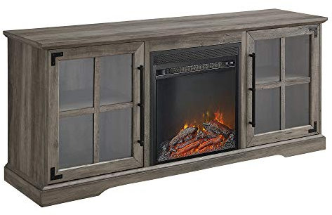 WE Furniture AZ60FPABGGW 2-Glass Door Cabinet Electric Fireplace Stand Console, fits TVs up to 65, 60, Grey Wash